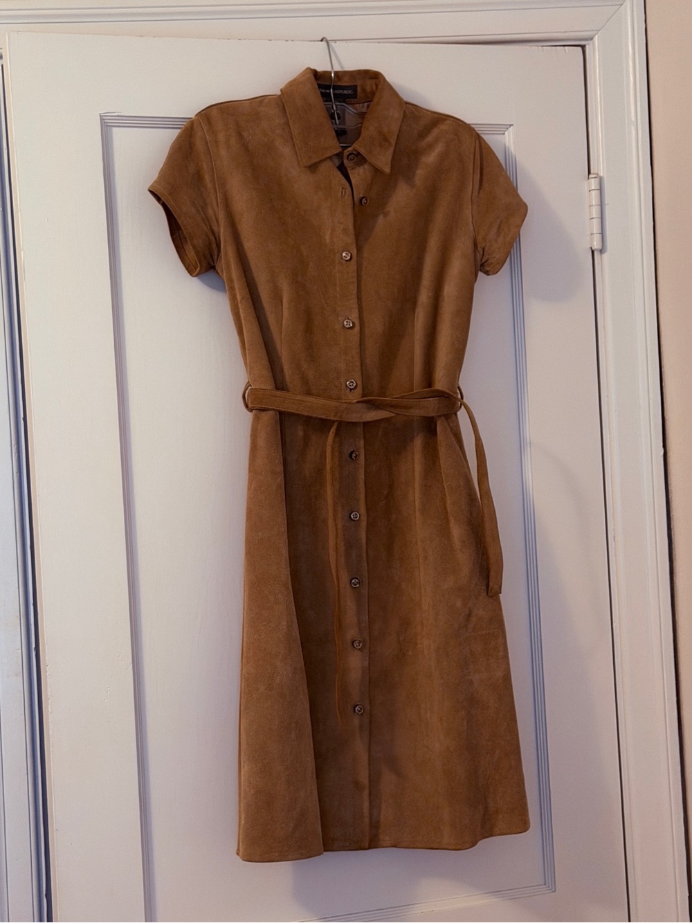 Vintage Y2K Banana Republic Leather Shirt Dress Camel Brown Belted XS